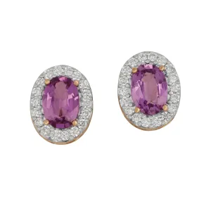 18k White and Rose Gold Halo Oval Pink Sapphire (AGL No Heat) and Diamond Earrings, PkSA=1.53tw D=0.36tw