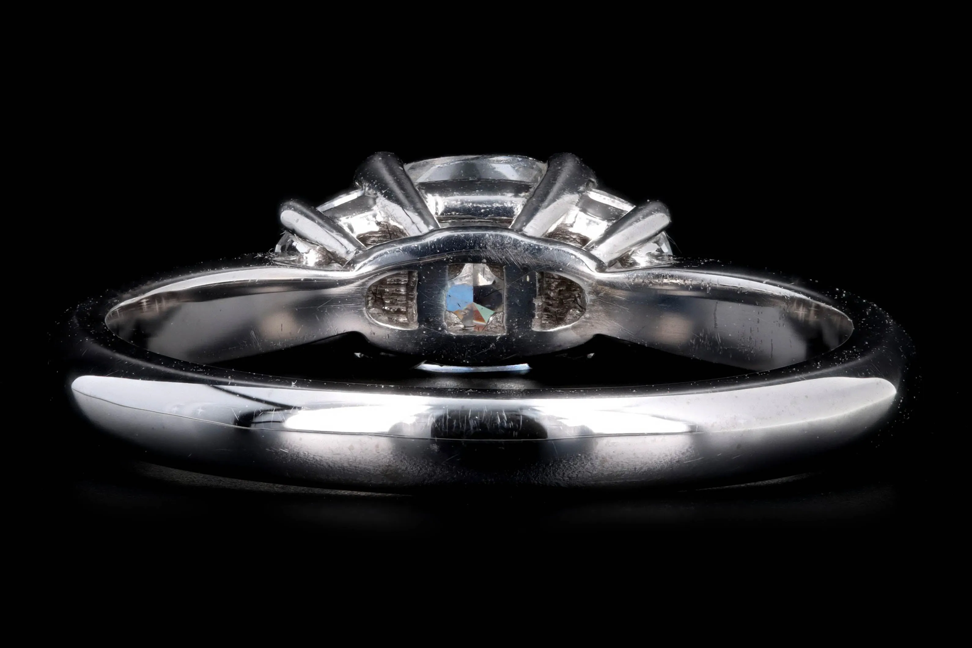 18K White Gold 0.83 Carat Cushion Diamond & Half Moon Three Stone Engagement Ring
