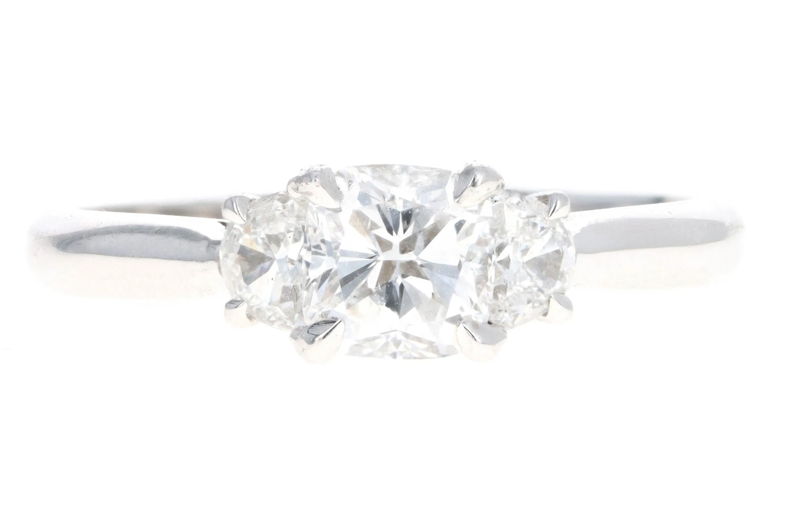 18K White Gold 0.83 Carat Cushion Diamond & Half Moon Three Stone Engagement Ring