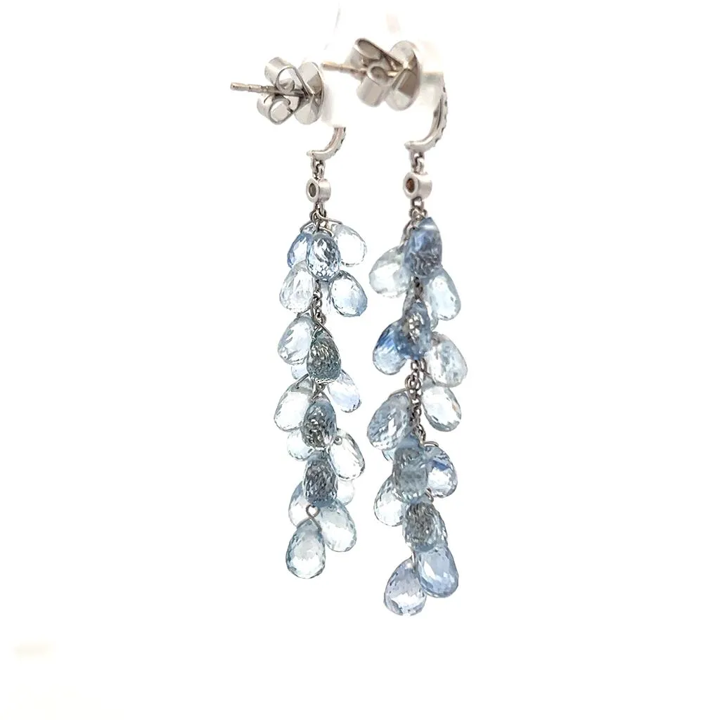 18K White Gold 30.68ctw Briolette Blue Sapphire & Diamond Drop Earrings
