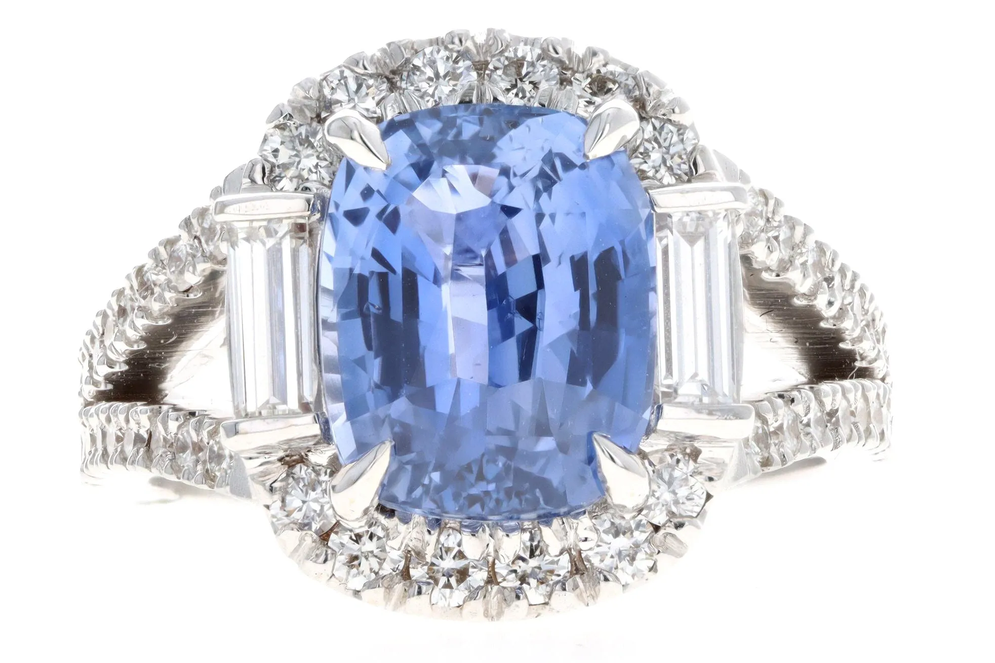 18K White Gold 5.09 Carat Cushion Cut Natural No Heat Sapphire & Diamond Ring EGL Certified