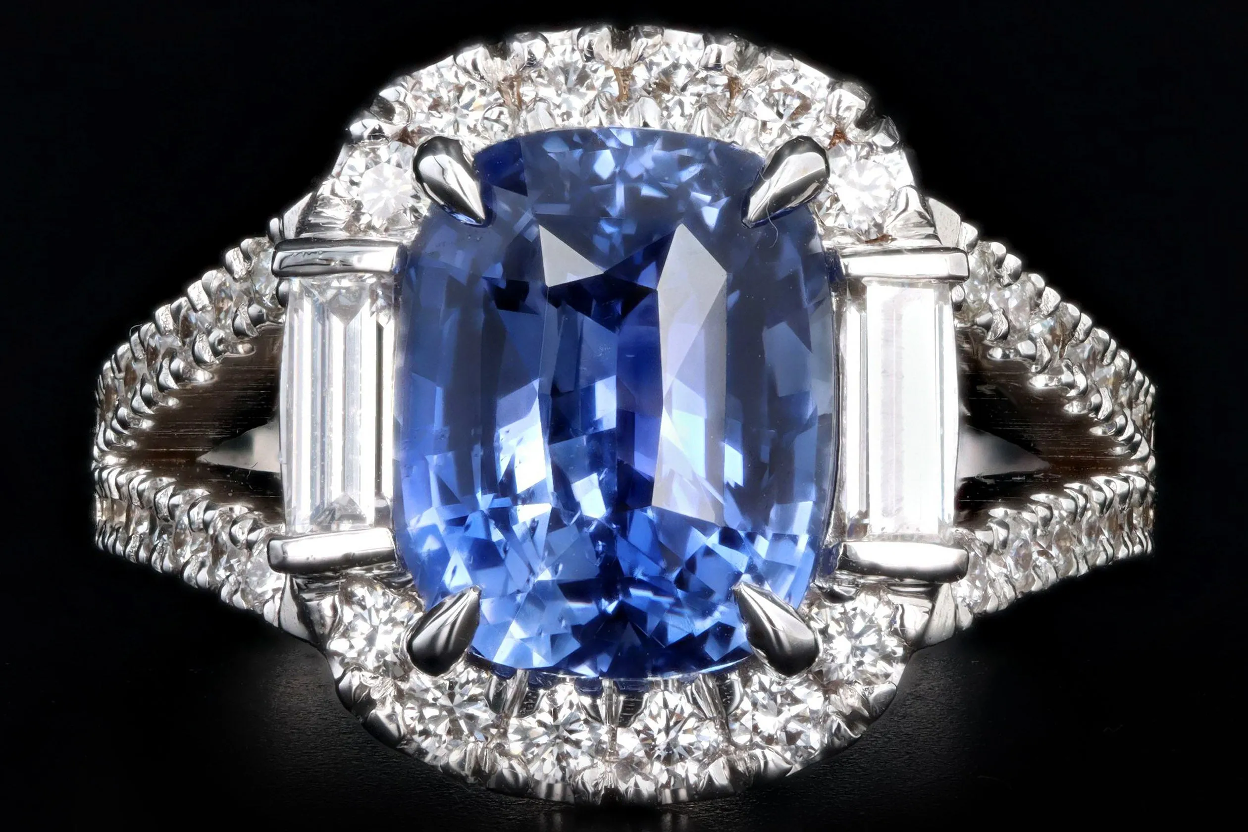 18K White Gold 5.09 Carat Cushion Cut Natural No Heat Sapphire & Diamond Ring EGL Certified