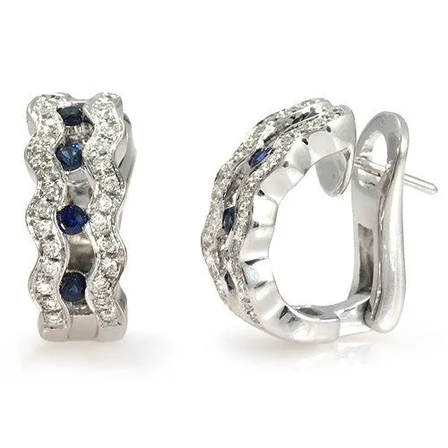 18k White Gold Blue Sapphire Diamond Huggie Earrings
