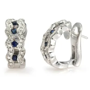 18k White Gold Blue Sapphire Diamond Huggie Earrings