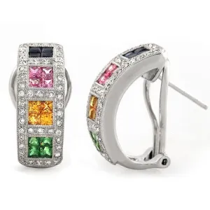 18k White Gold Fancy Multicolor Sapphire Diamond Huggie Earrings