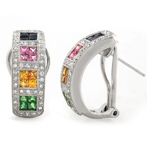 18k White Gold Fancy Multicolor Sapphire Diamond Huggie Earrings