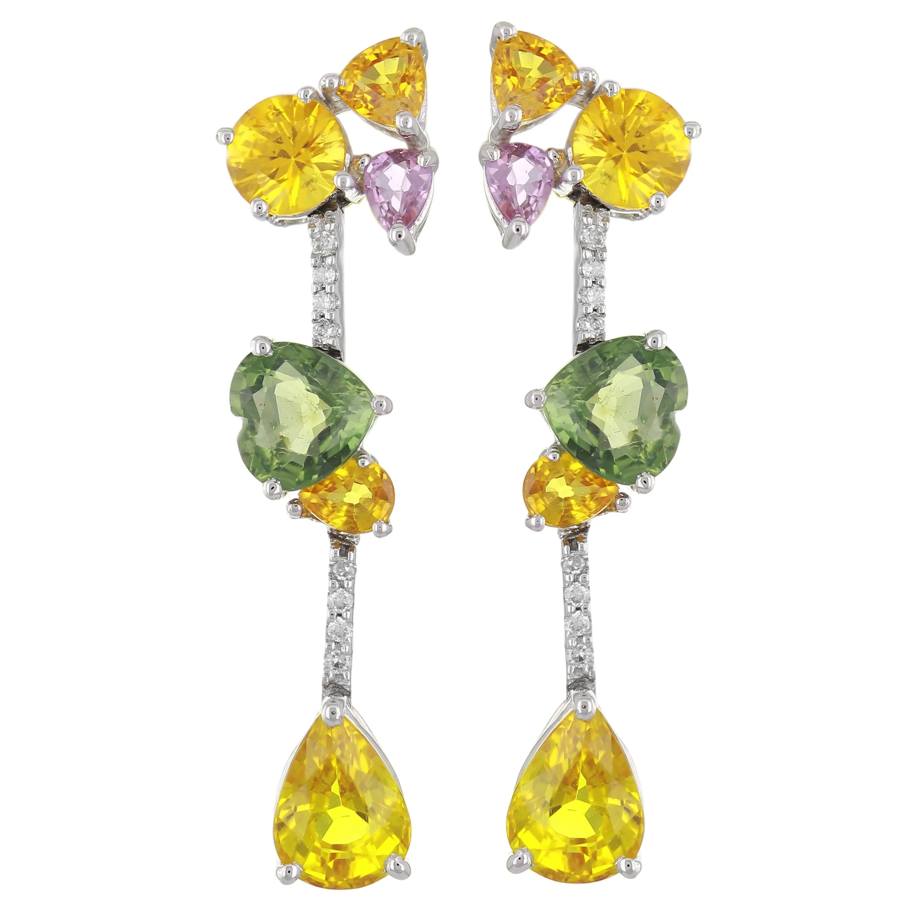 18k White Gold Muli Color Sapphire Bouquet & Diamond Linear Drop Earrings