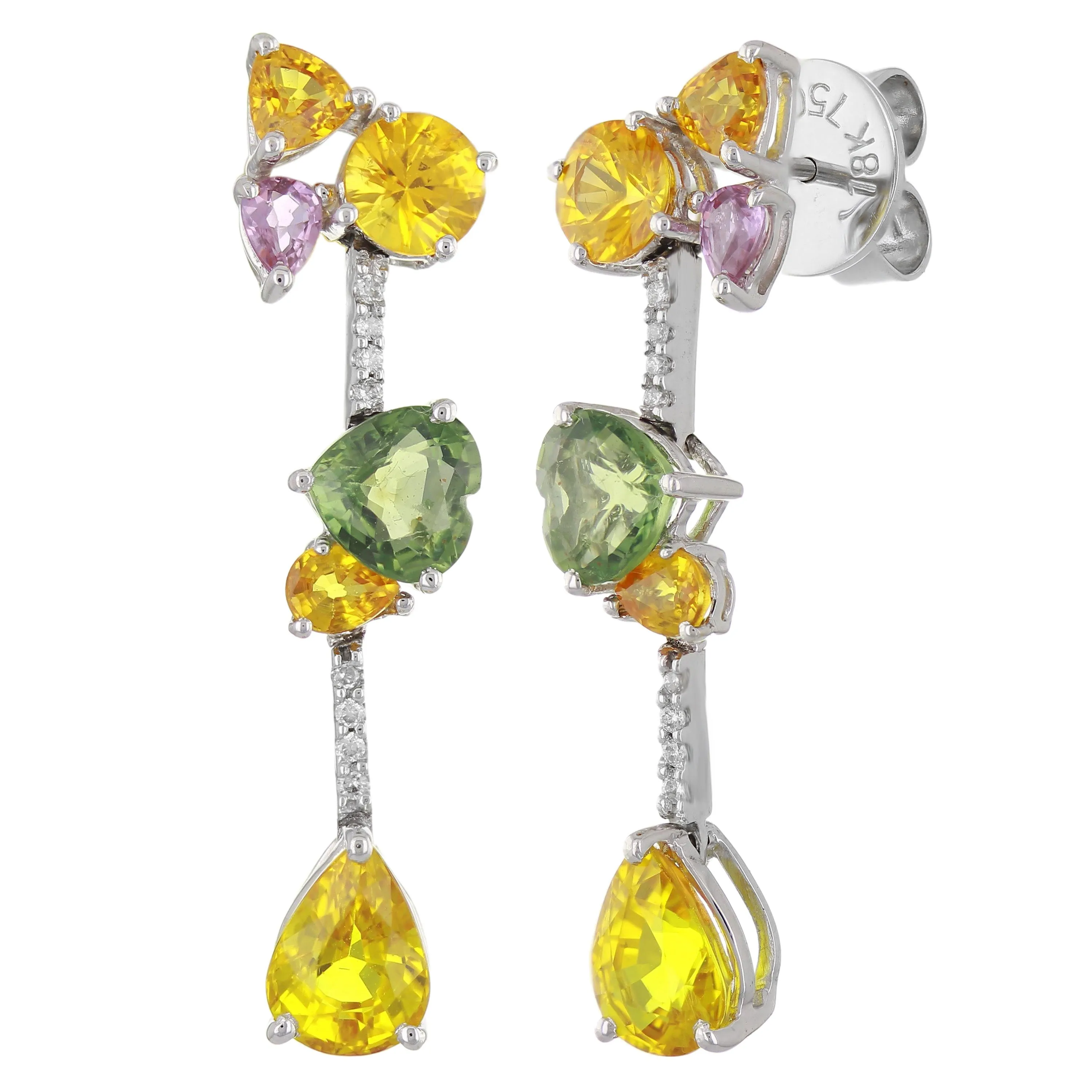 18k White Gold Muli Color Sapphire Bouquet & Diamond Linear Drop Earrings