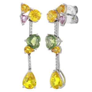 18k White Gold Muli Color Sapphire Bouquet & Diamond Linear Drop Earrings