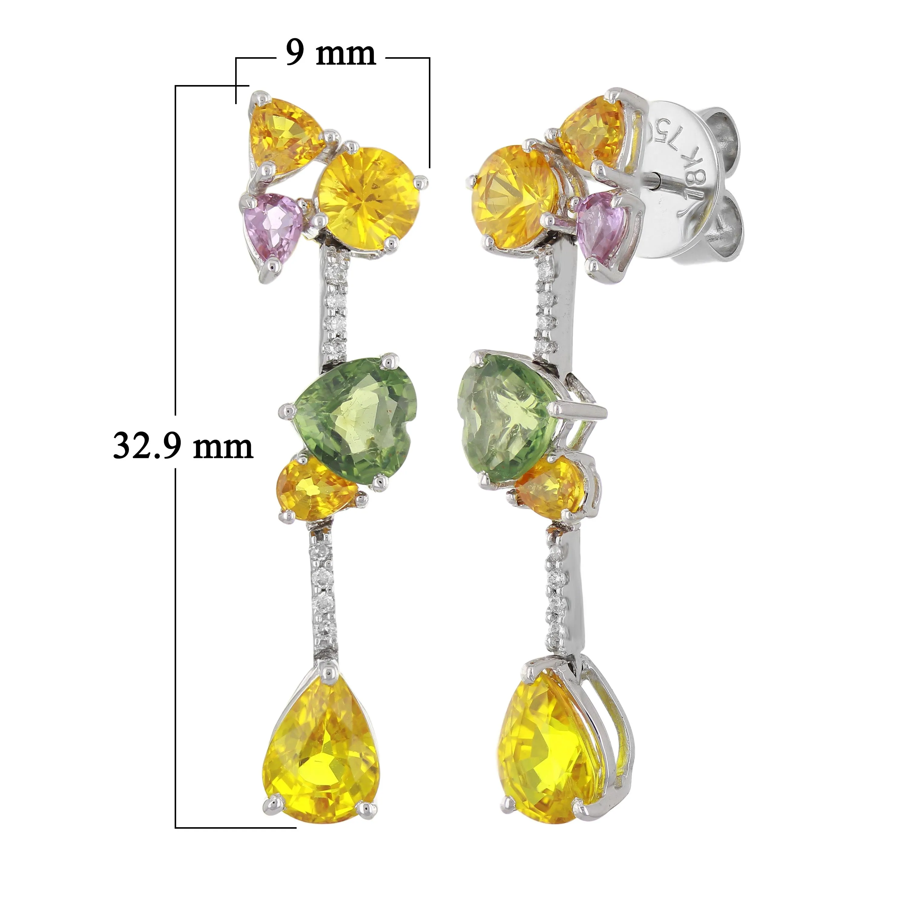 18k White Gold Muli Color Sapphire Bouquet & Diamond Linear Drop Earrings
