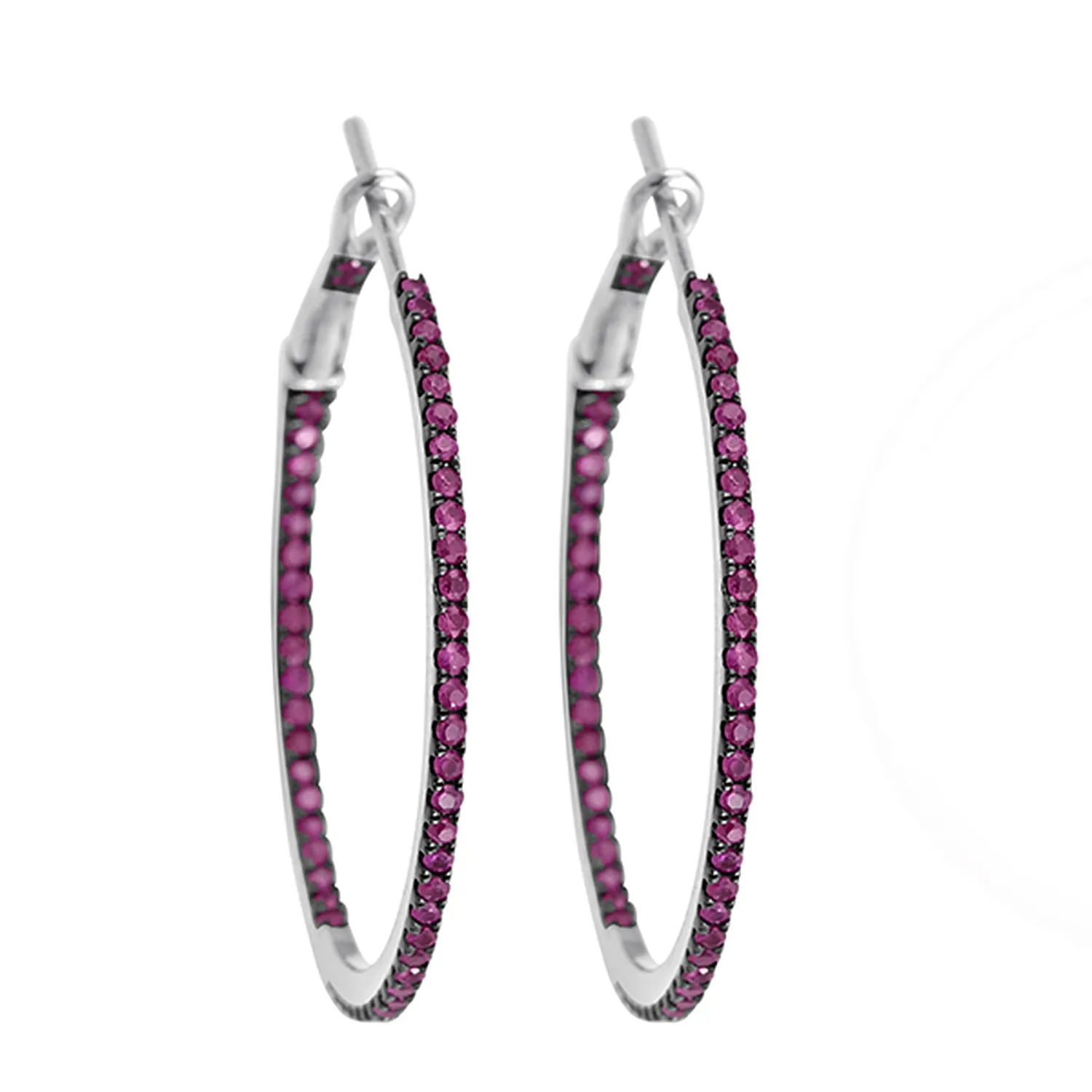 18K White Gold Pave Ruby Gemstone Long Hoop Earrings For Her
