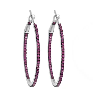 18K White Gold Pave Ruby Gemstone Long Hoop Earrings For Her