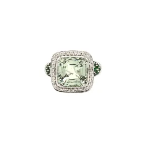 18k White Gold Prasiolite (Green Amethyst) With Diamonds and Tsavorite