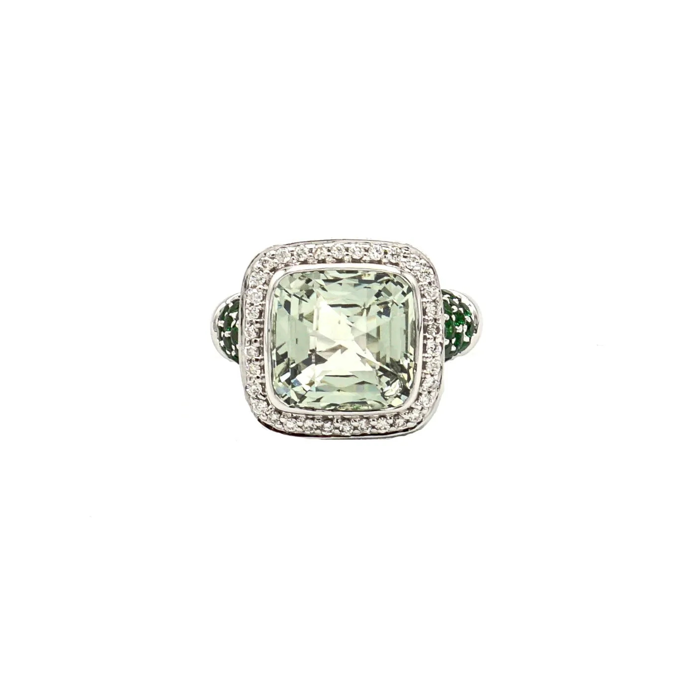 18k White Gold Prasiolite (Green Amethyst) With Diamonds and Tsavorite
