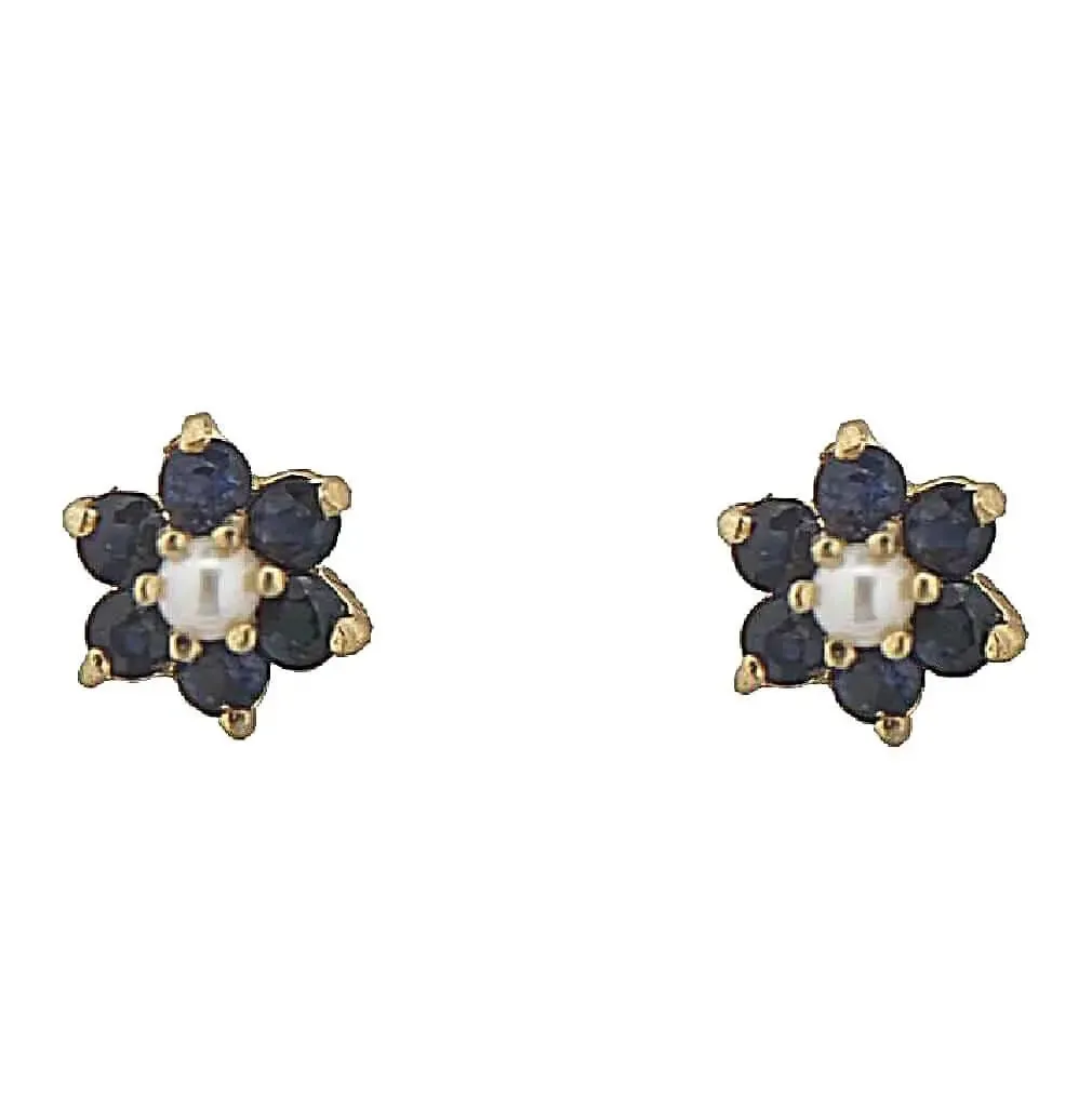 18K Yellow Gold Sapphire and Pearl Flower Screwback Earrings