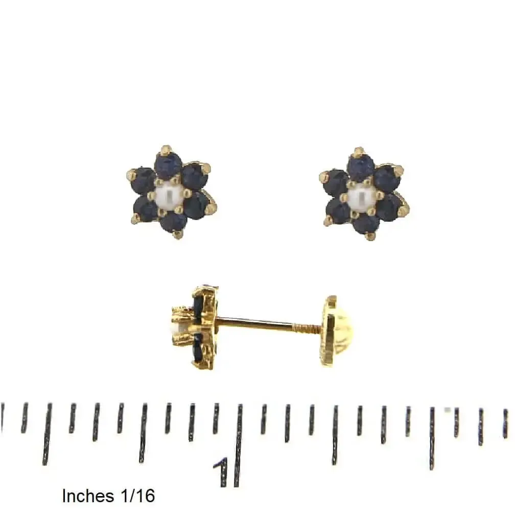 18K Yellow Gold Sapphire and Pearl Flower Screwback Earrings