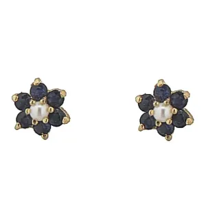 18K Yellow Gold Sapphire and Pearl Flower Screwback Earrings