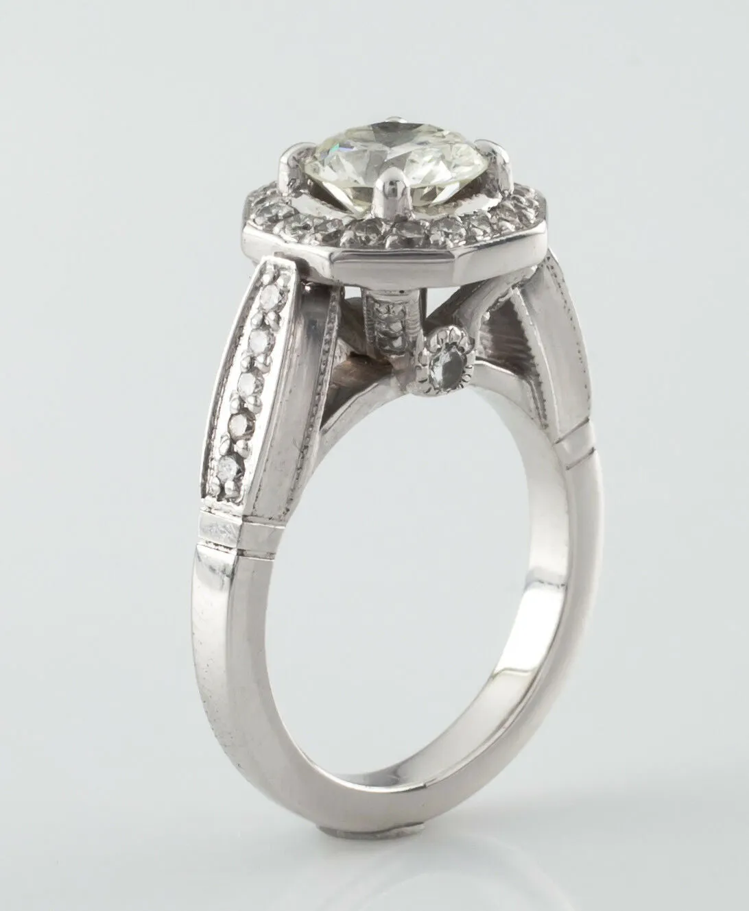 1.91 Carat Round Diamond Halo 18k White Gold Engagement Ring Size 5 GIA Cert