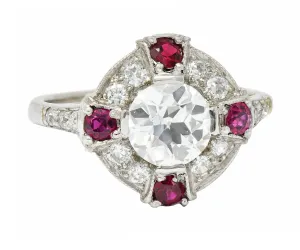 1930's Art Deco 2.32 CTW Diamond Ruby Platinum Halo Ring GIA