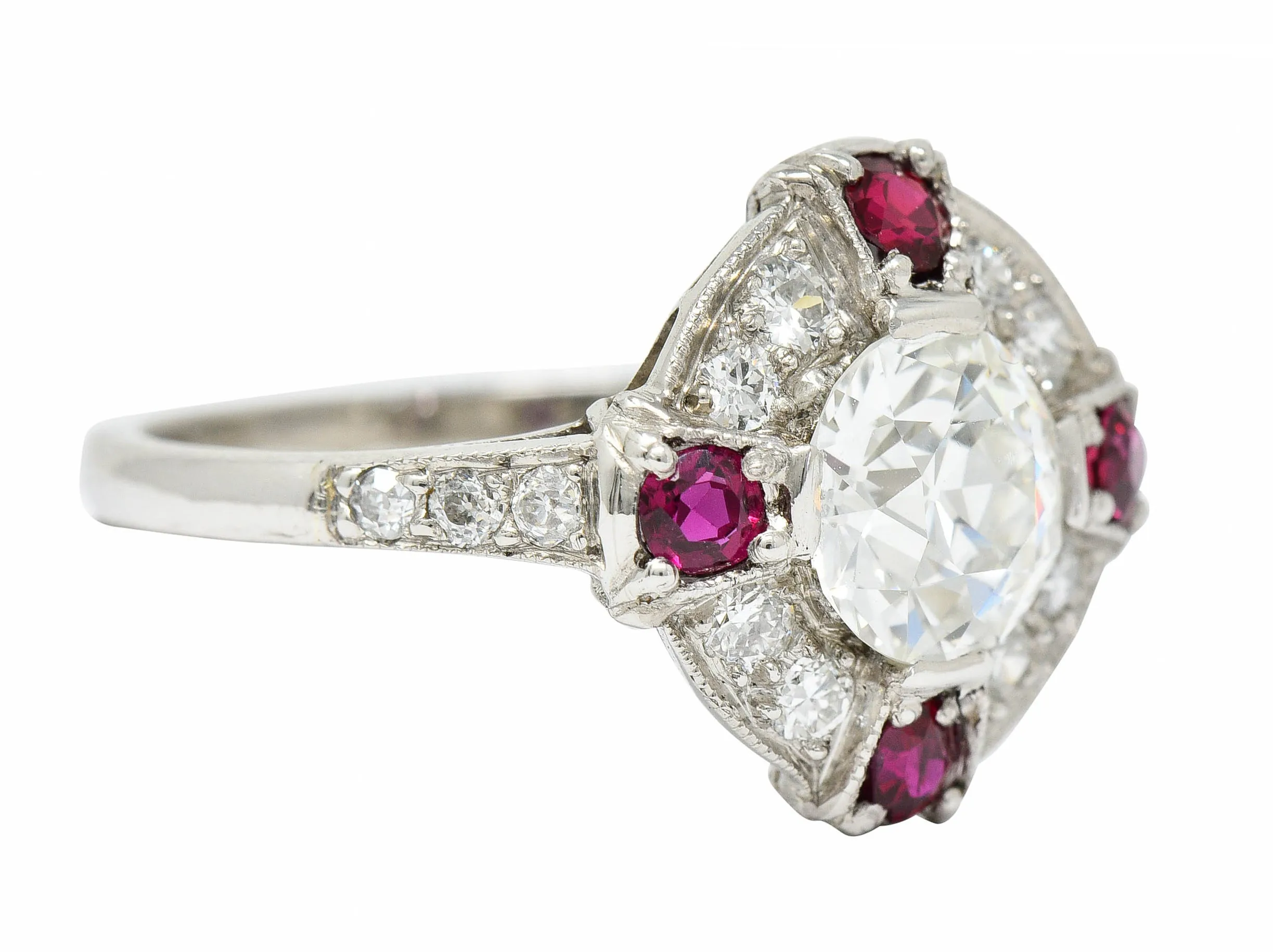 1930's Art Deco 2.32 CTW Diamond Ruby Platinum Halo Ring GIA