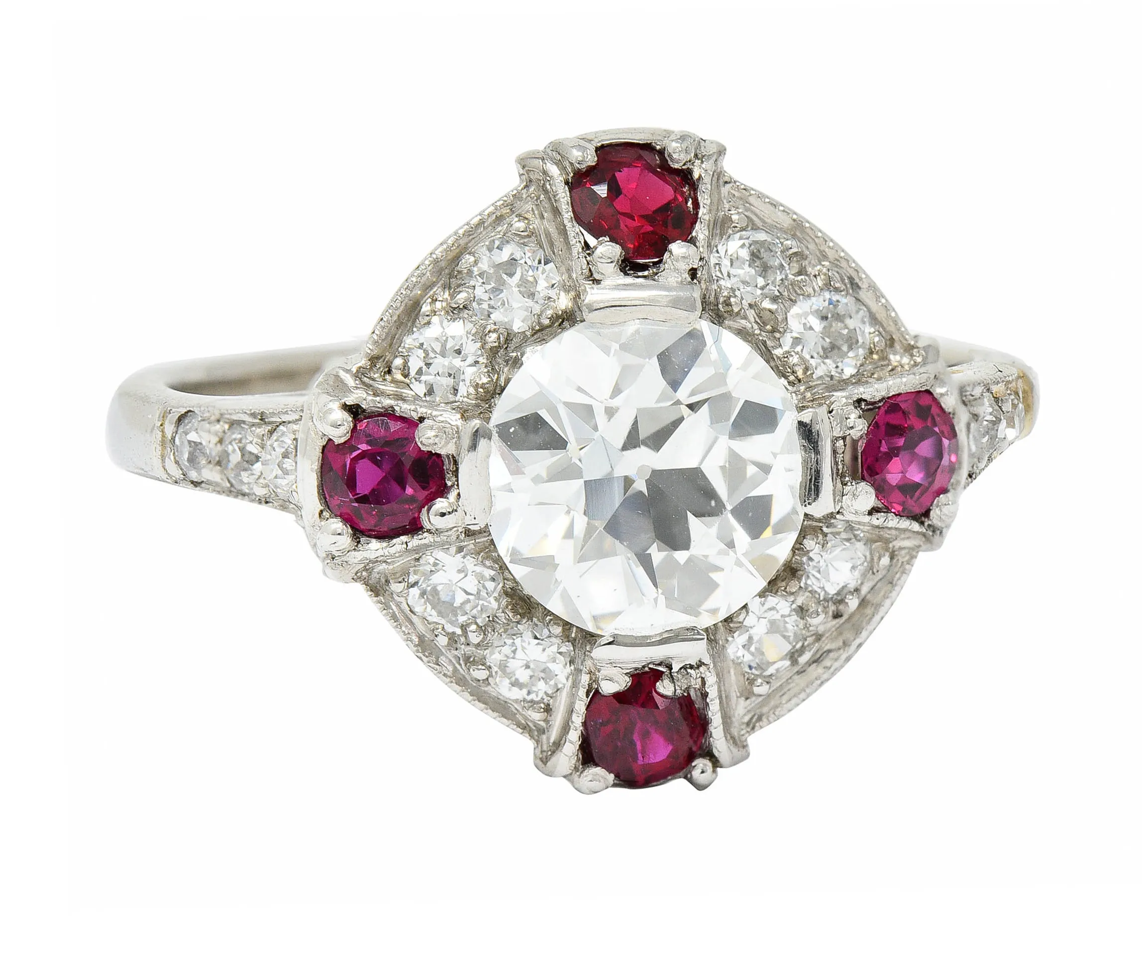 1930's Art Deco 2.32 CTW Diamond Ruby Platinum Halo Ring GIA