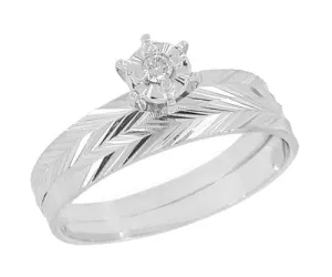 1970's Radiant Chevrons Solitaire Diamond Vintage Engagement Ring and Wedding Band Set in 10 Karat White Gold