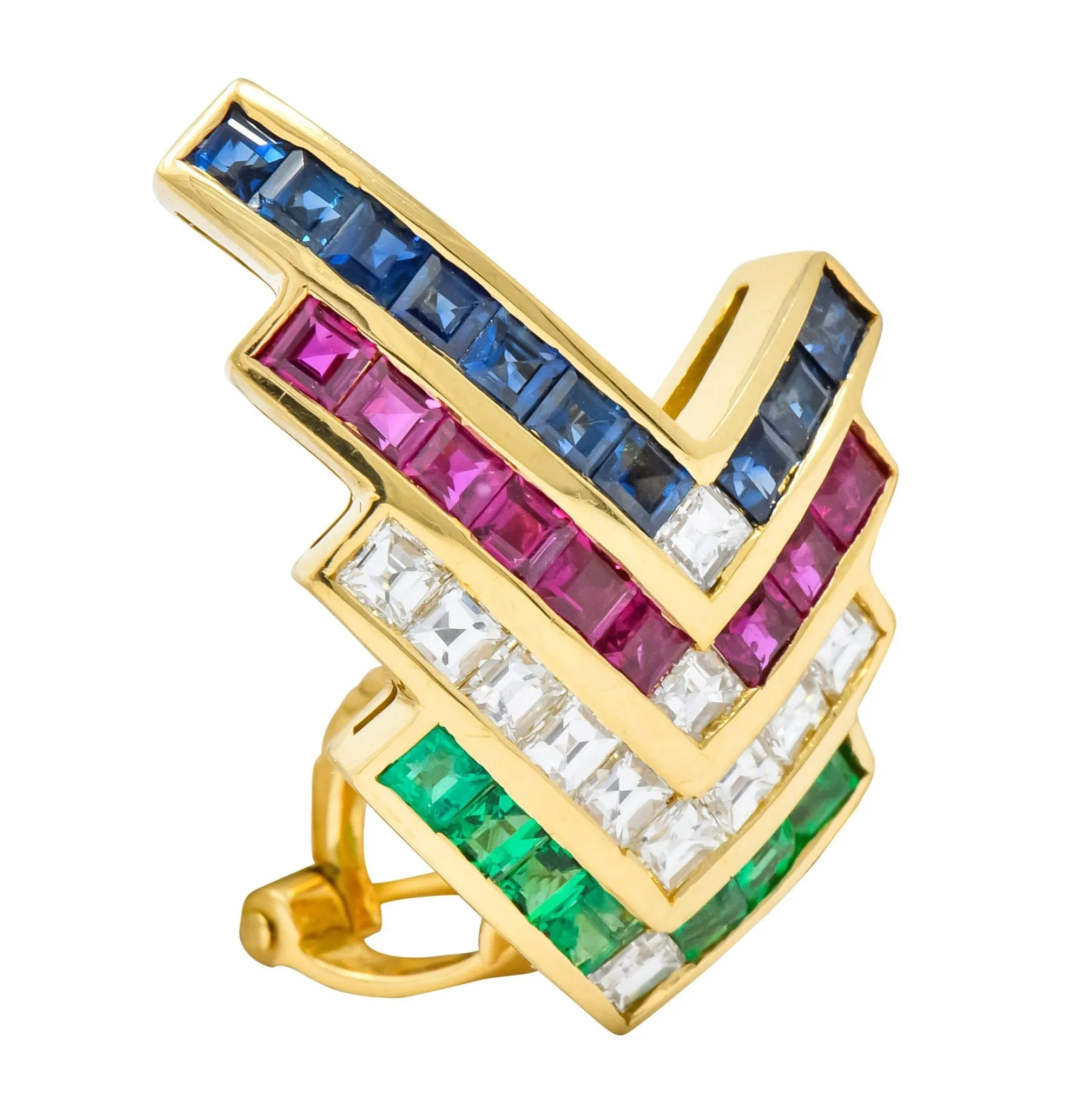 1980s Vintage 5.92 CTW Emerald Ruby Sapphire Diamond 18 Karat Gold Chevron Earrings