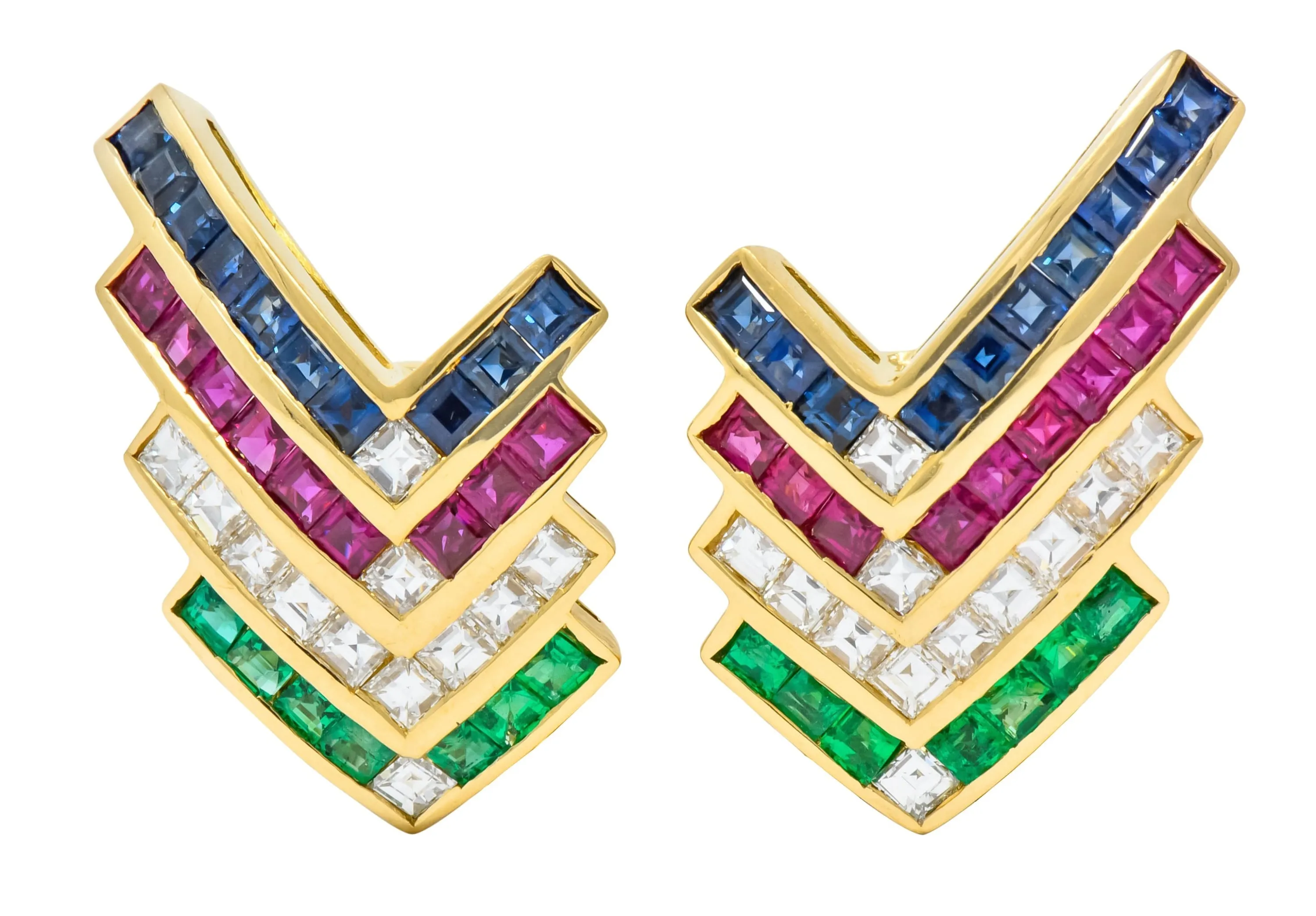 1980s Vintage 5.92 CTW Emerald Ruby Sapphire Diamond 18 Karat Gold Chevron Earrings