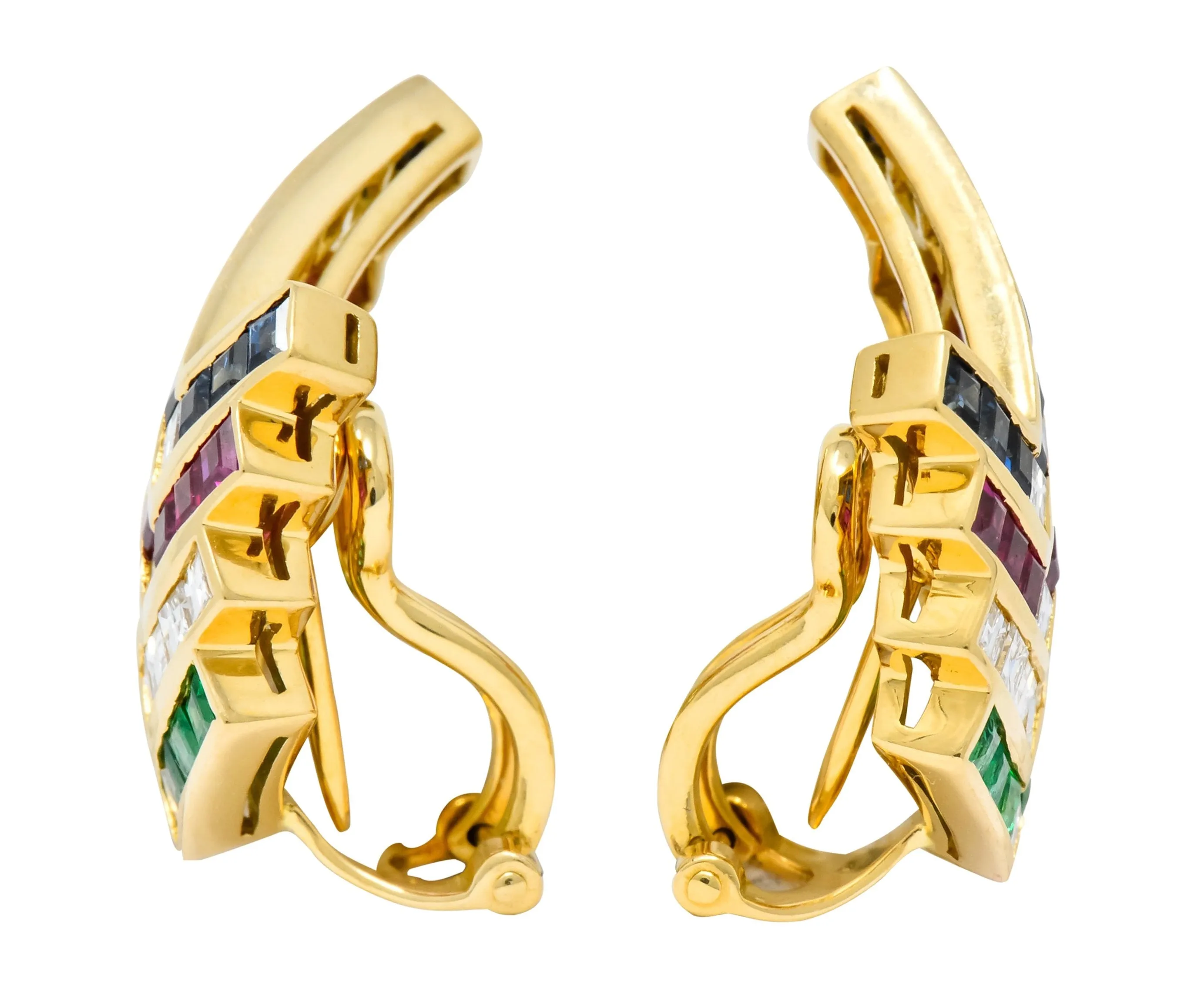 1980s Vintage 5.92 CTW Emerald Ruby Sapphire Diamond 18 Karat Gold Chevron Earrings