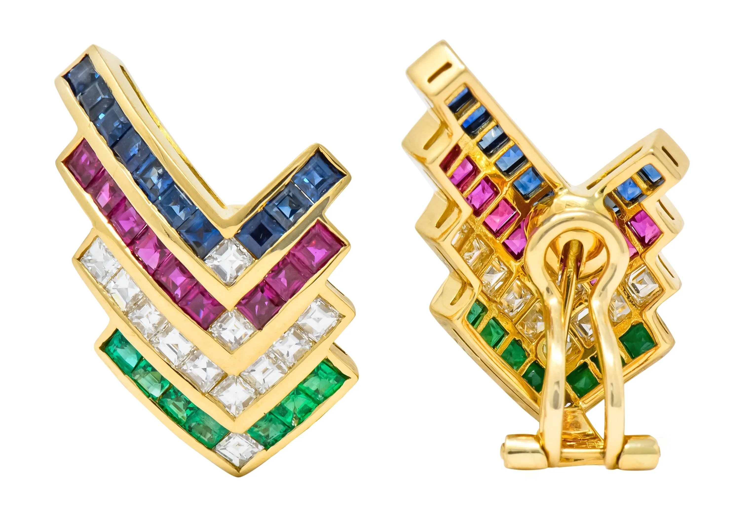 1980s Vintage 5.92 CTW Emerald Ruby Sapphire Diamond 18 Karat Gold Chevron Earrings