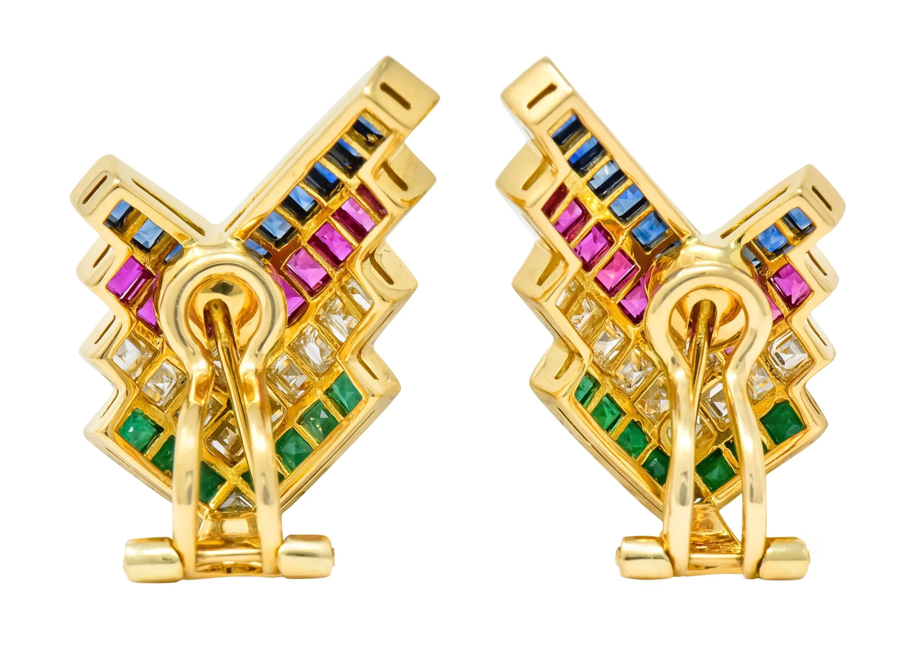 1980s Vintage 5.92 CTW Emerald Ruby Sapphire Diamond 18 Karat Gold Chevron Earrings