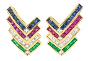 1980s Vintage 5.92 CTW Emerald Ruby Sapphire Diamond 18 Karat Gold Chevron Earrings