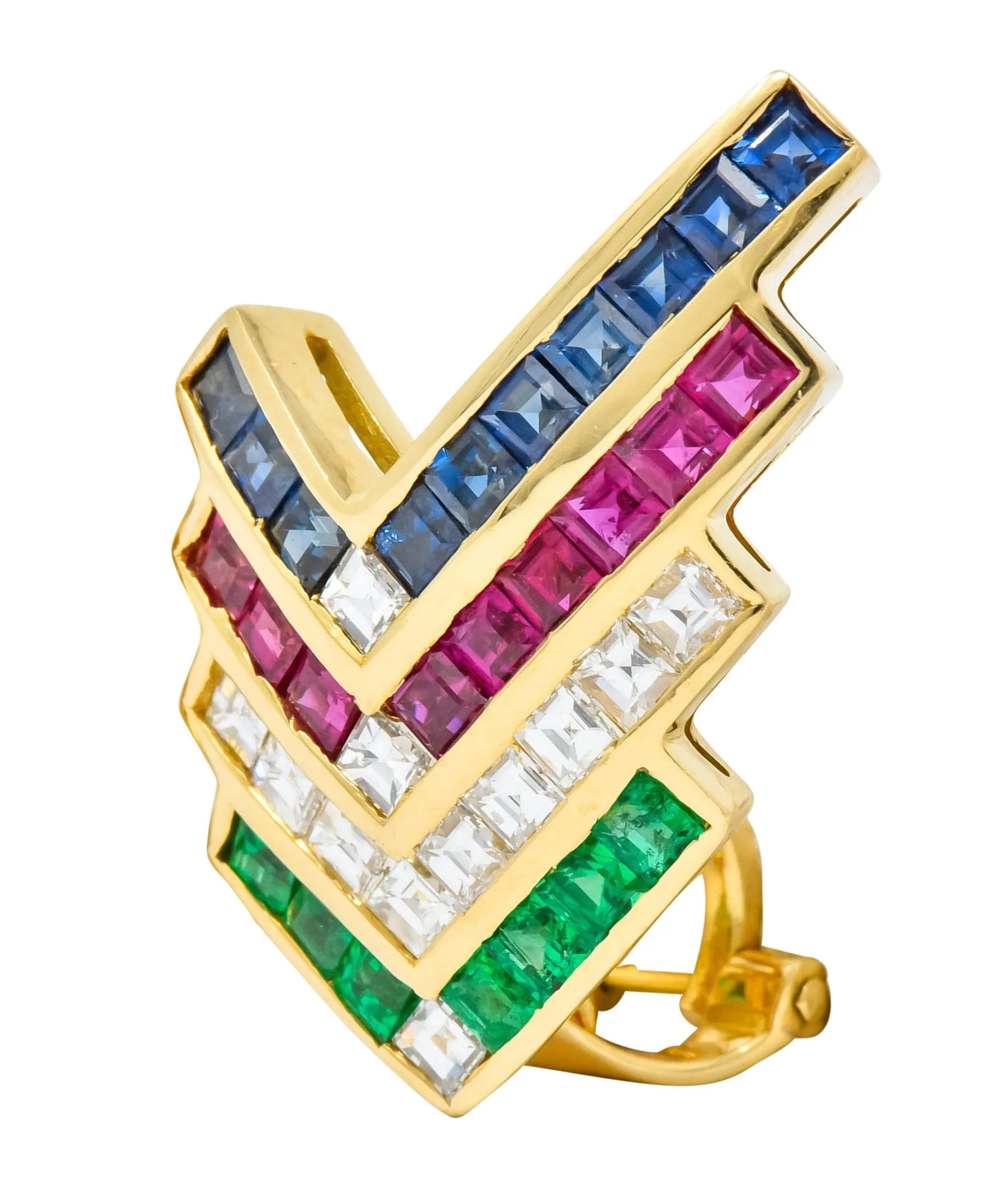 1980s Vintage 5.92 CTW Emerald Ruby Sapphire Diamond 18 Karat Gold Chevron Earrings