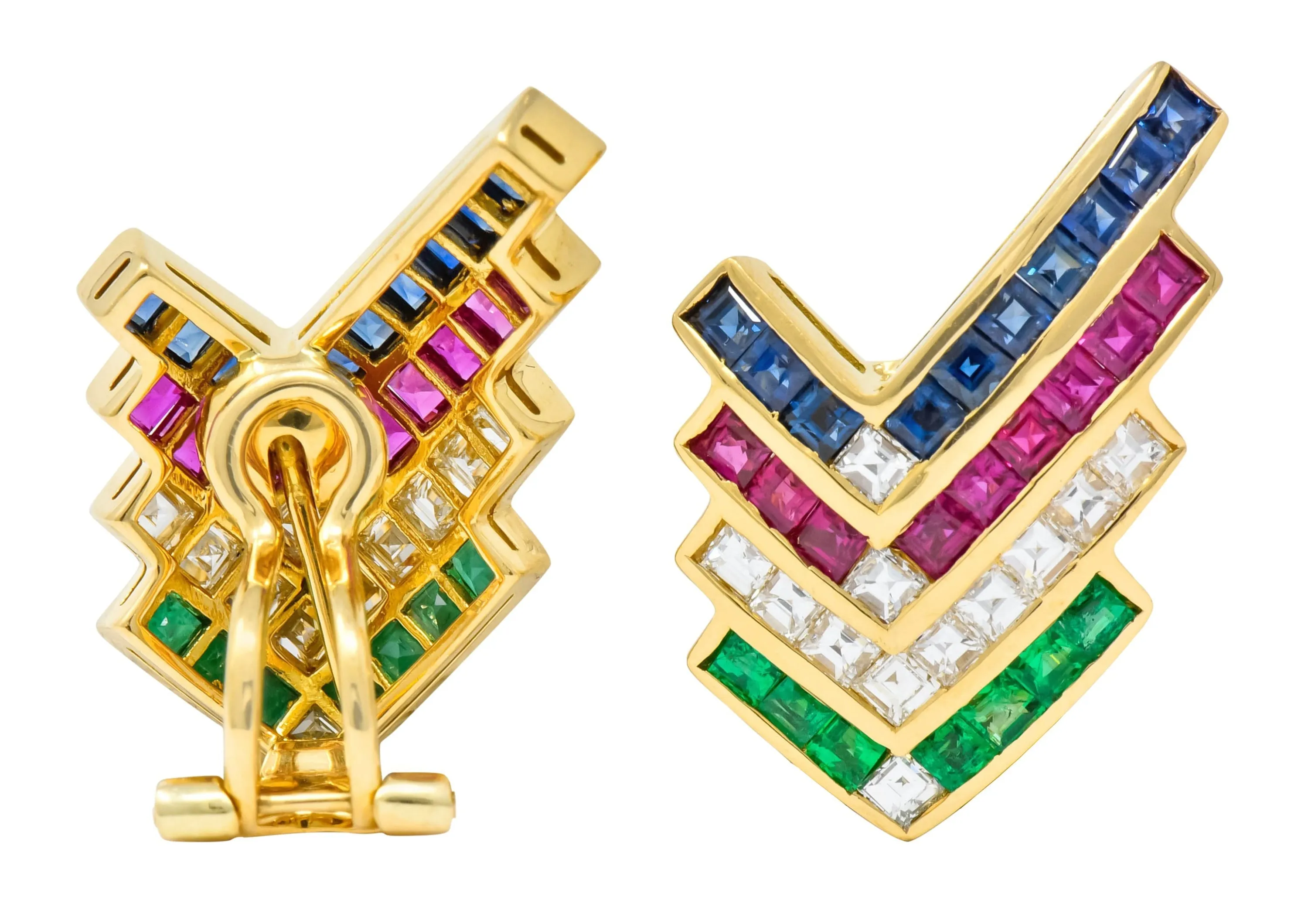 1980s Vintage 5.92 CTW Emerald Ruby Sapphire Diamond 18 Karat Gold Chevron Earrings