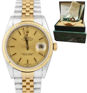 1996 Rolex DateJust 36mm 18K Yellow Gold Stainless Champagne B P Watch 16233