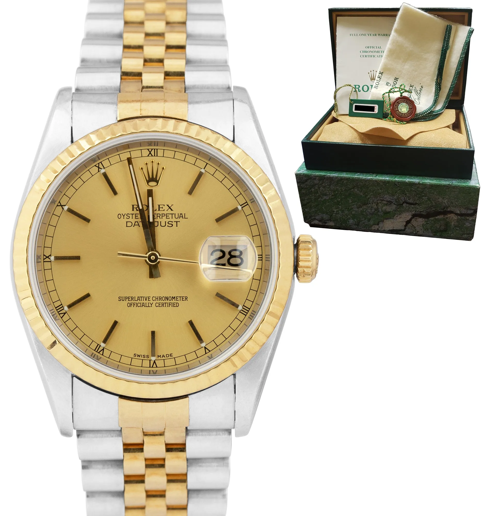 1996 Rolex DateJust 36mm 18K Yellow Gold Stainless Champagne B P Watch 16233