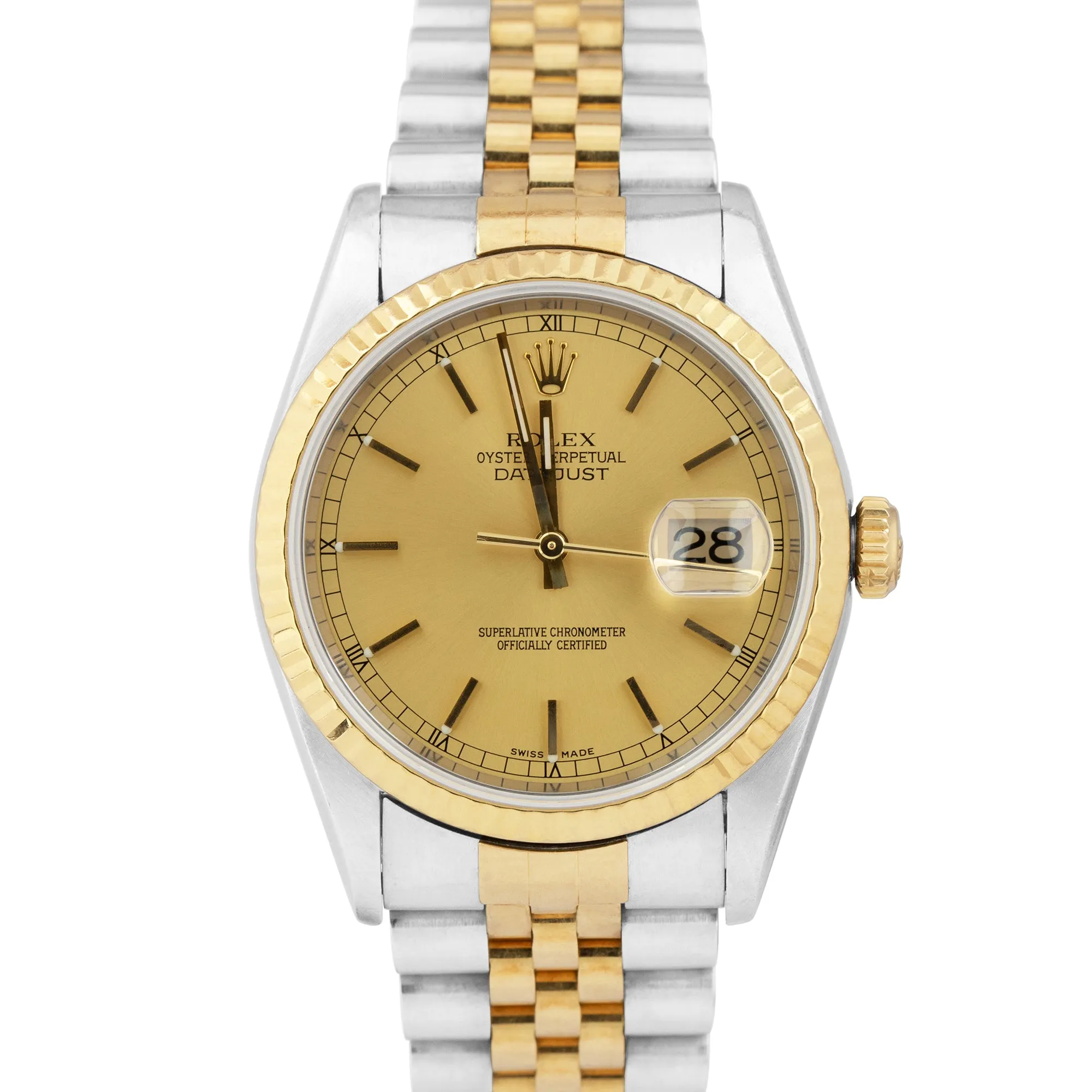 1996 Rolex DateJust 36mm 18K Yellow Gold Stainless Champagne B P Watch 16233