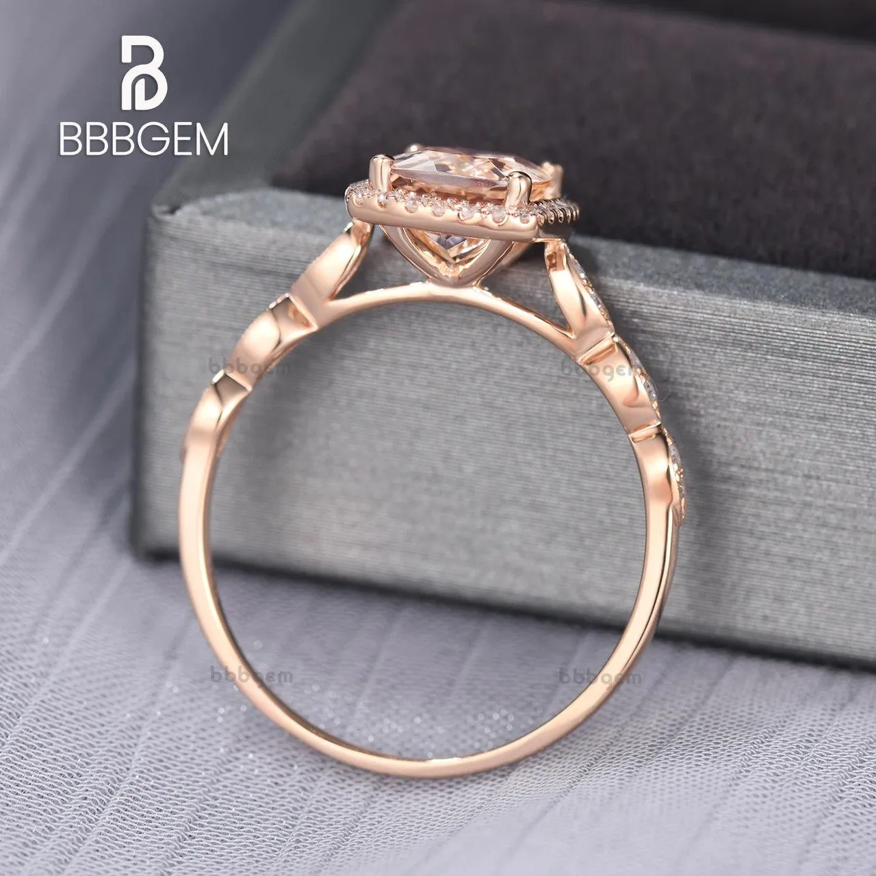 2 Carat Cushion Cut Natural Peachy Pink Morganite Wedding Ring Diamond Halo Ring Pink Gold Diamond Wedding Band