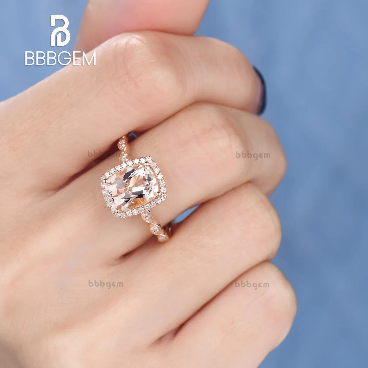 2 Carat Cushion Cut Natural Peachy Pink Morganite Wedding Ring Diamond Halo Ring Pink Gold Diamond Wedding Band