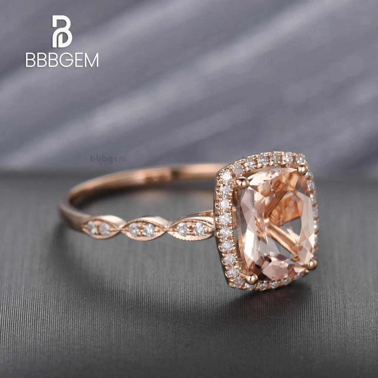 2 Carat Cushion Cut Natural Peachy Pink Morganite Wedding Ring Diamond Halo Ring Pink Gold Diamond Wedding Band