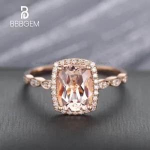 2 Carat Cushion Cut Natural Peachy Pink Morganite Wedding Ring Diamond Halo Ring Pink Gold Diamond Wedding Band