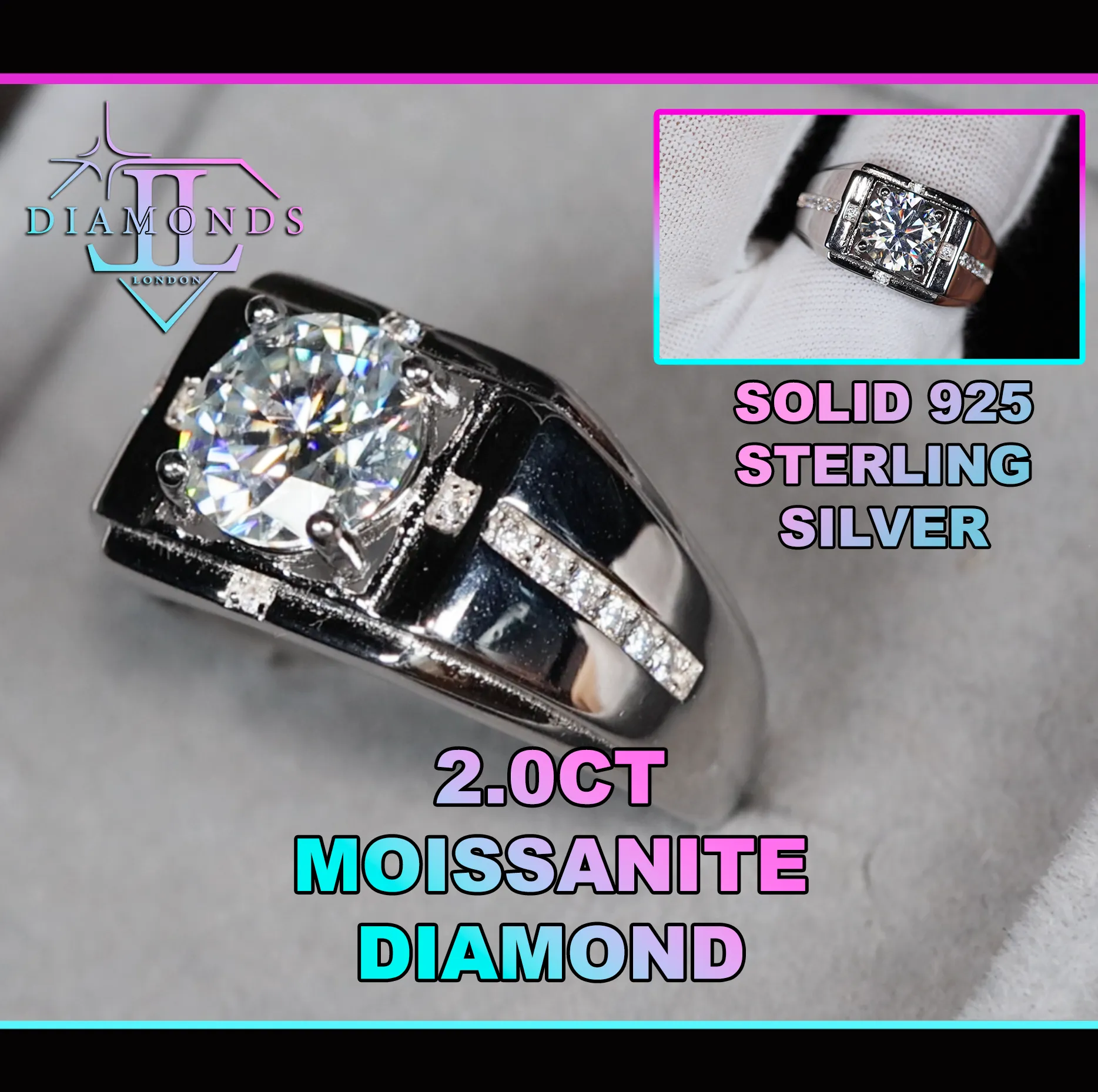 2.0ct Moissanite Ring | Mens Moissanite Ring | Mens Moissanite Diamond Engagement Ring