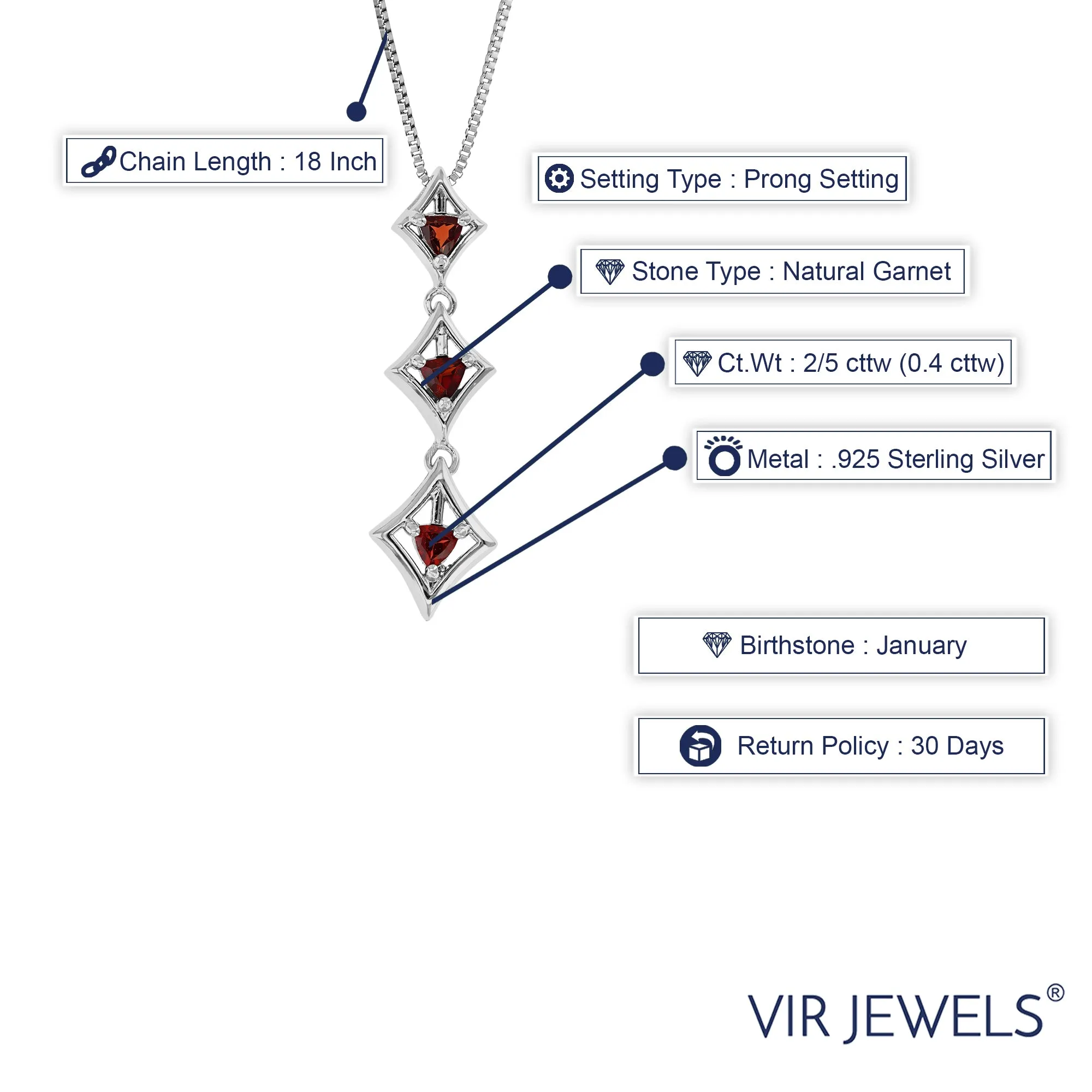 2/5 cttw Pendant Necklace, Garnet Pendant Necklace for Women in .925 Sterling Silver with Rhodium, 18 Inch Chain, Prong Setting