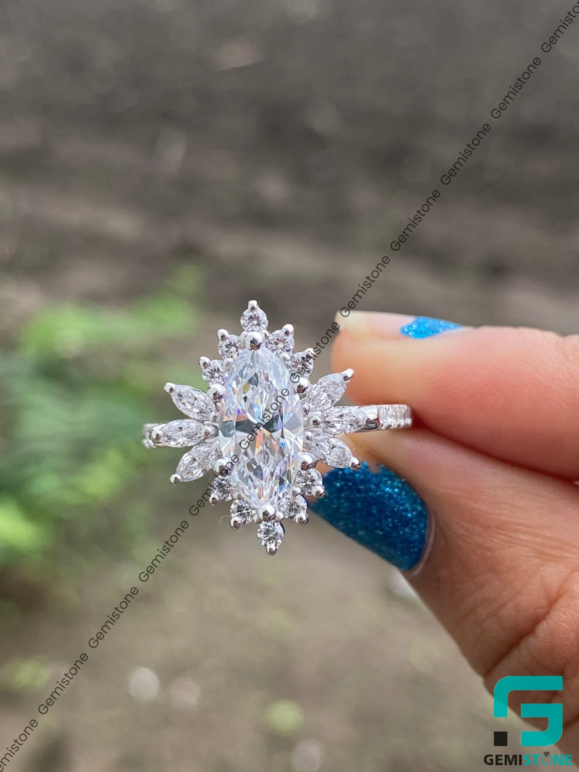 2Ct Marquise Cut Moissanite Starburst Diamond Ring