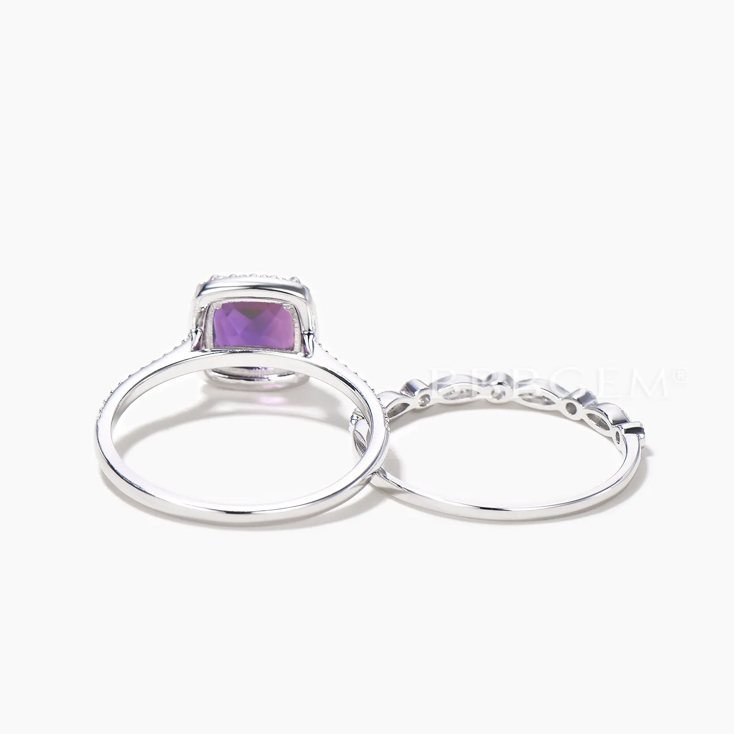 2pcs 8mm Cushion Amethyst Halo Engagement Ring Diamond Milgrain Bridal Ring