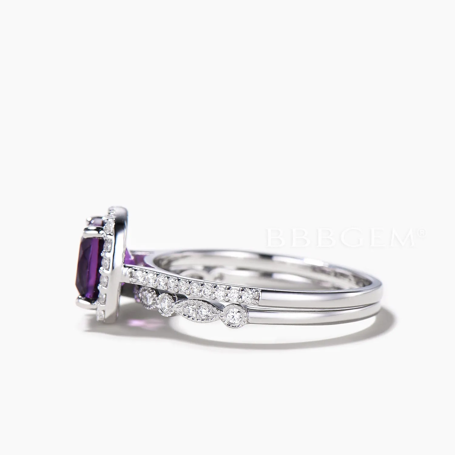 2pcs 8mm Cushion Amethyst Halo Engagement Ring Diamond Milgrain Bridal Ring