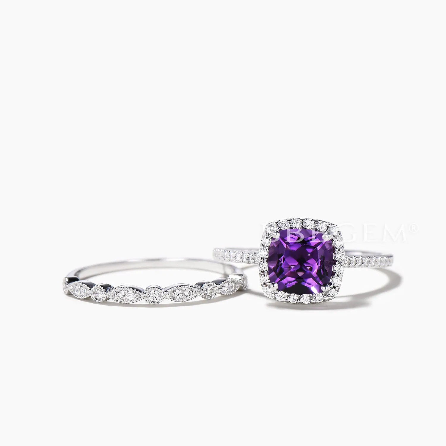2pcs 8mm Cushion Amethyst Halo Engagement Ring Diamond Milgrain Bridal Ring