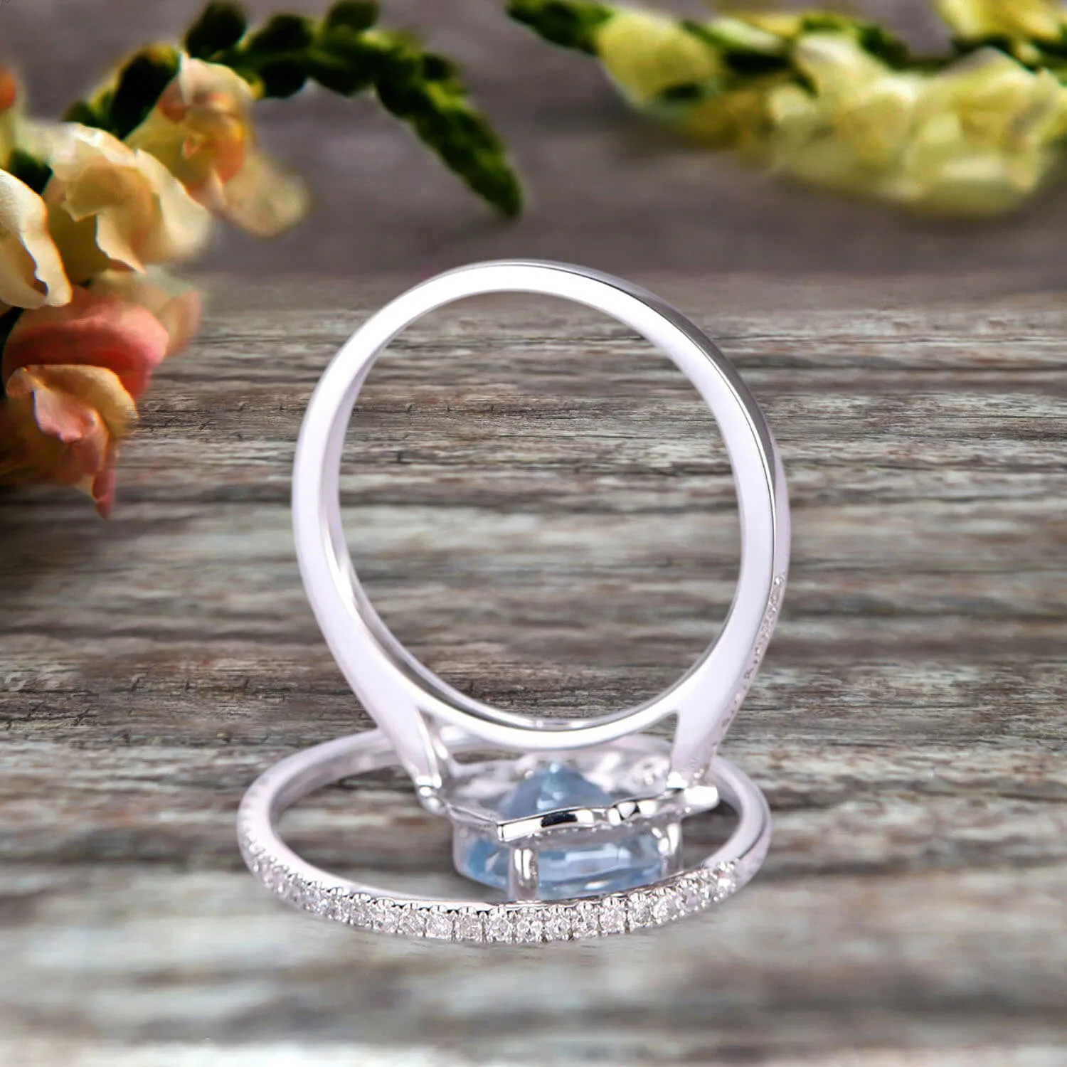2Pcs Wedding Ring Set Cushion Cut 1.75 Carat Aquamarine Engagement Ring On 10k White gold Matching Band Vintage Look Halo Design