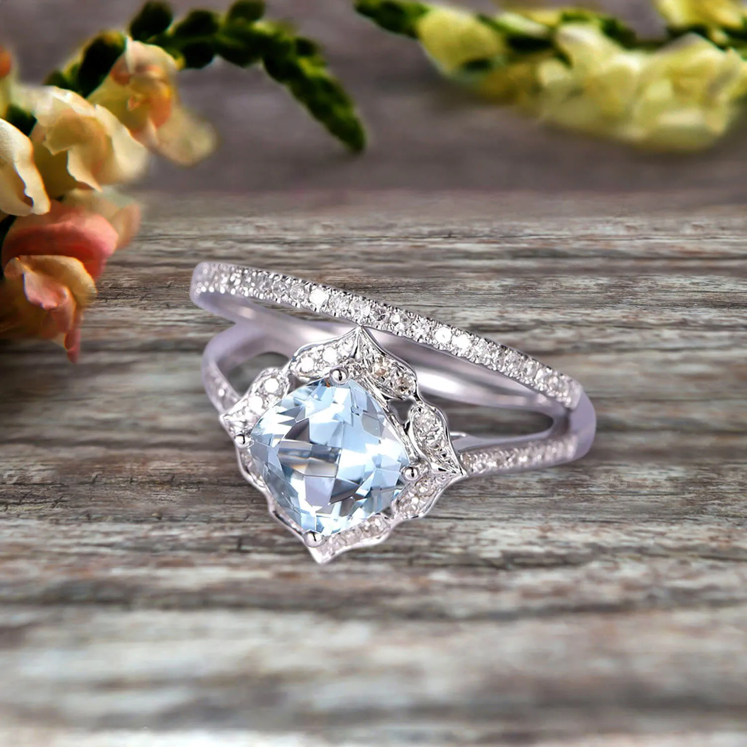 2Pcs Wedding Ring Set Cushion Cut 1.75 Carat Aquamarine Engagement Ring On 10k White gold Matching Band Vintage Look Halo Design