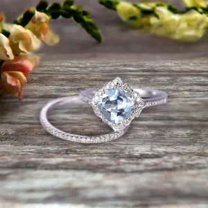 2Pcs Wedding Ring Set Cushion Cut 1.75 Carat Aquamarine Engagement Ring On 10k White gold Matching Band Vintage Look Halo Design